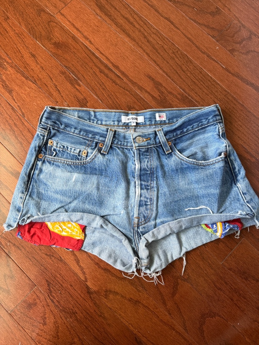 Re/Done Vintage Light Blue Cutoff Denim Shorts with Bandana Accents